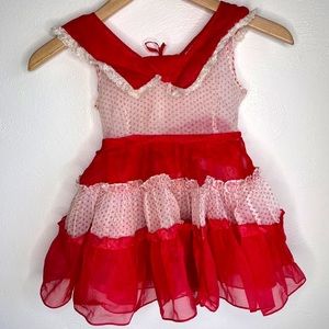 VTG Pinafore Girls Dress 18M Red Sheer Circle Party Valentines Ruffle Polka Dot